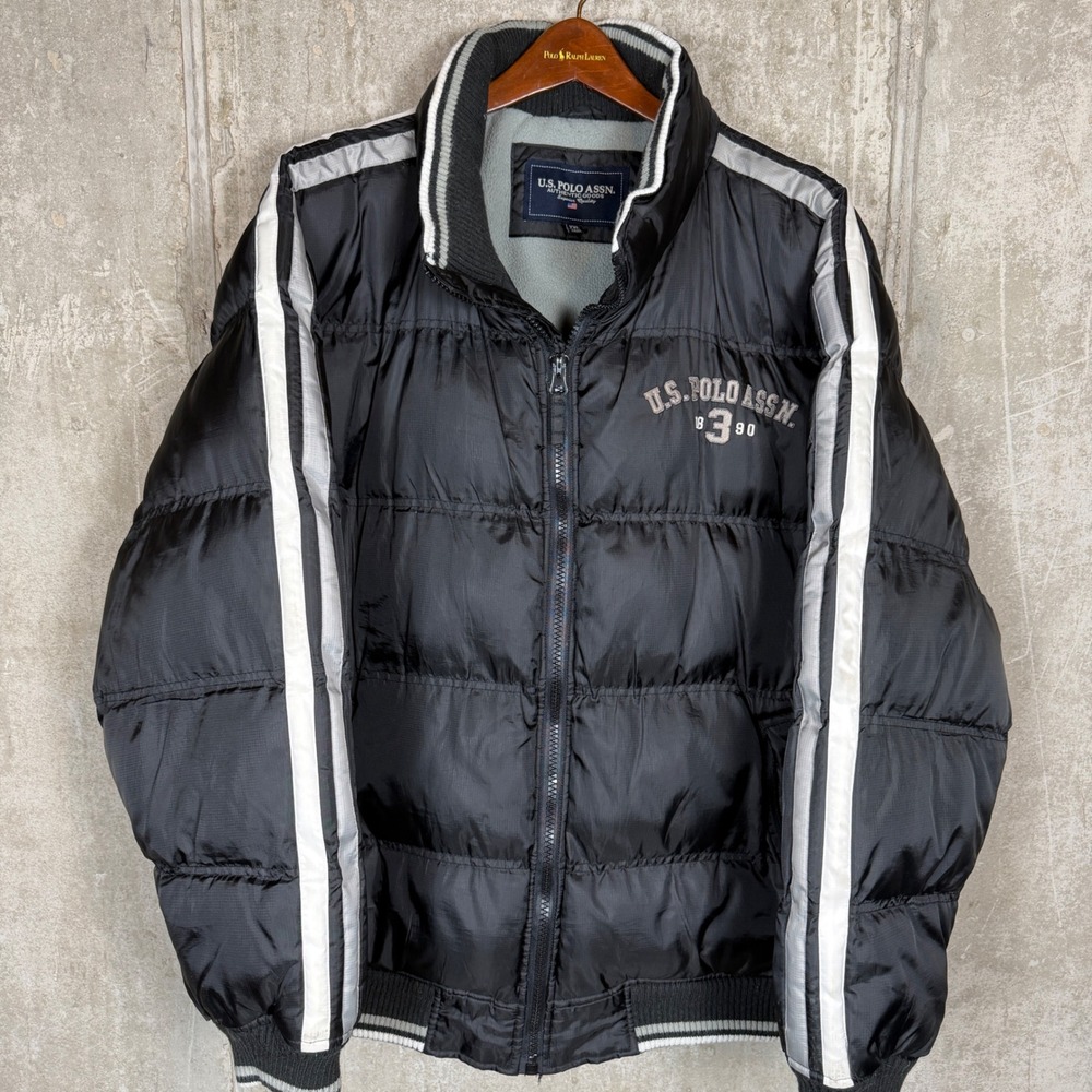 US Polo Assn Mens XXL Puffer Jacket Black White Stripe Fleece Lined Quilted Coat